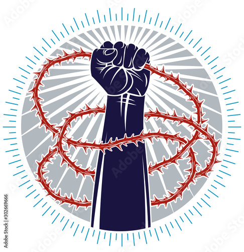 Strong hand clenched fist fighting for freedom against blackthorn thorn slavery theme illustration, vector logo or tattoo, through the thorns to the stars concept.