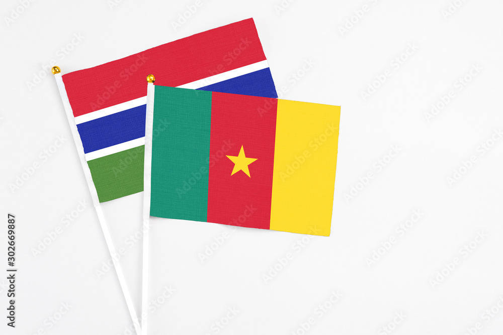 Cameroon and Georgia stick flags on white background. High quality fabric, miniature national flag. Peaceful global concept.White floor for copy space.