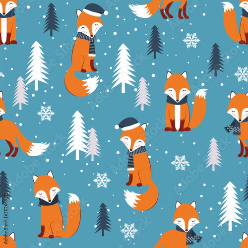 Christmas seamless pattern with warm fox background, Winter pattern, wrapping paper, pattern fills, winter greetings, web page background, Christmas and New Year greeting cards