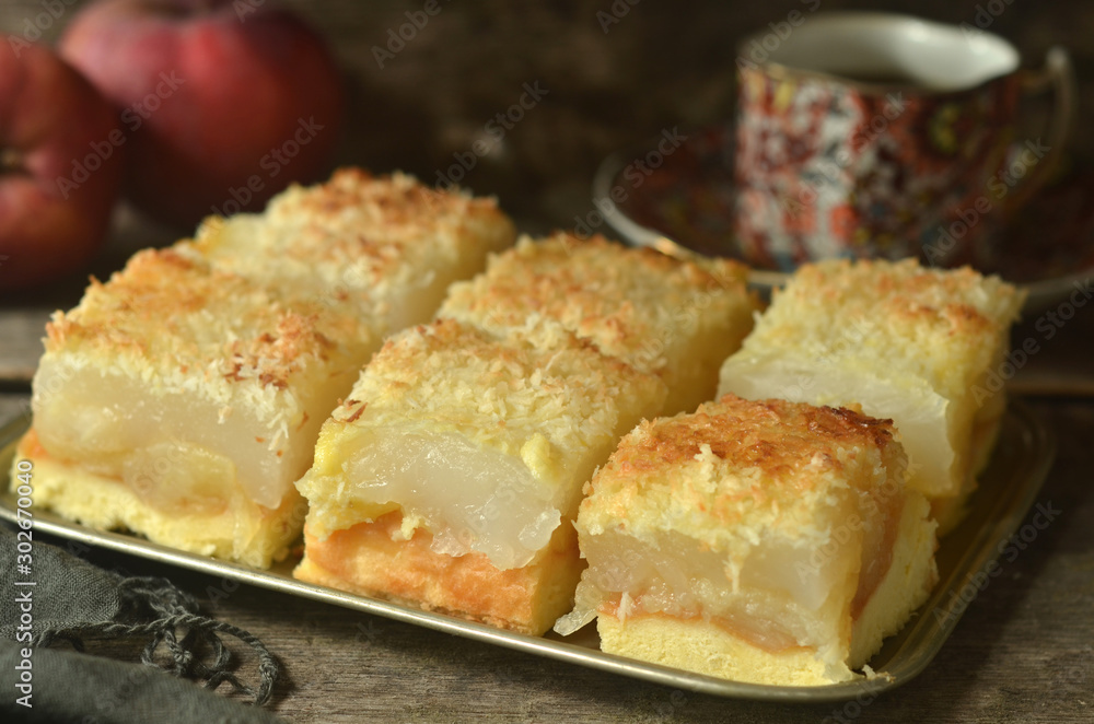 Pieces of cake with apples and coconut on a tray Pieces of cake with apples and coconut on a tray