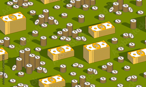 Money cash seamless background, backdrop for financial business website or economical theme ads and information, dollar currency money signs, vector wallpaper or web site background.