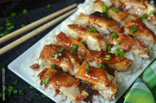 Teriyaki Chicken with rice on a plate on a dark background