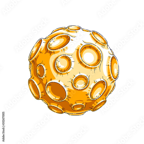 Small cartoon vector fantastic planet with craters from asteroid and meteorite rains fall. Thin line 3d vector illustration isolated on white background.