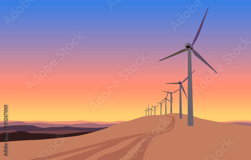 Wind Power Turbine on Morning Sand Landscape