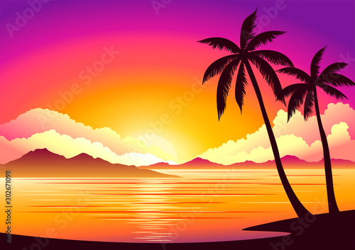 Vector image, background beautiful sunset on the beach © Vladislav