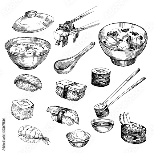 Japanese food, sushi, miso soup. Sketch. Hand drawn illustration converted to vector. Isolated on white background