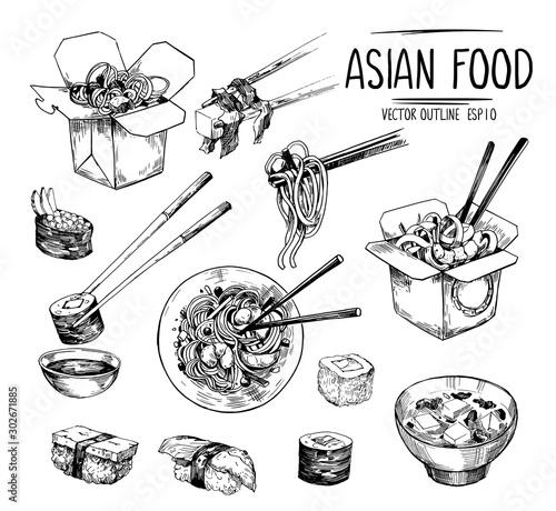 Asian food sketches. Sushi, miso soup, wok noodles. Vector set isolated on white background