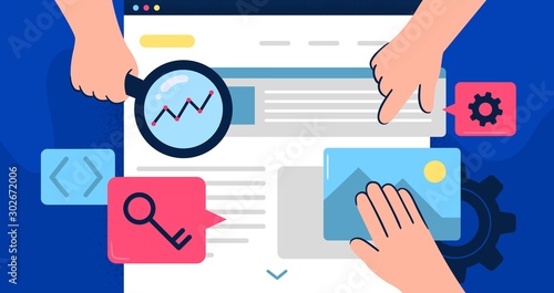 SEO analytics and optimization. Web developers looking for to improve site visits and conversions rate. Flat illustration