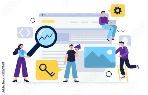 Creative concept of SEO optimization and Web banner marketing. Web developers working in team to improve site visits and conversions rate. Flat vector illustration.