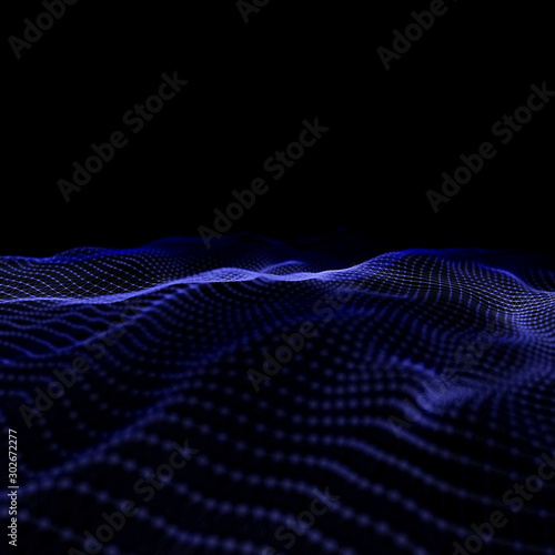 Wave of points and lines. Abstract background with dynamic wave. Dots in space. 3d rendering. © Iryna
