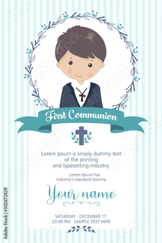 First communion boy. Child with communion dress and flower frame, in green and blue tones
