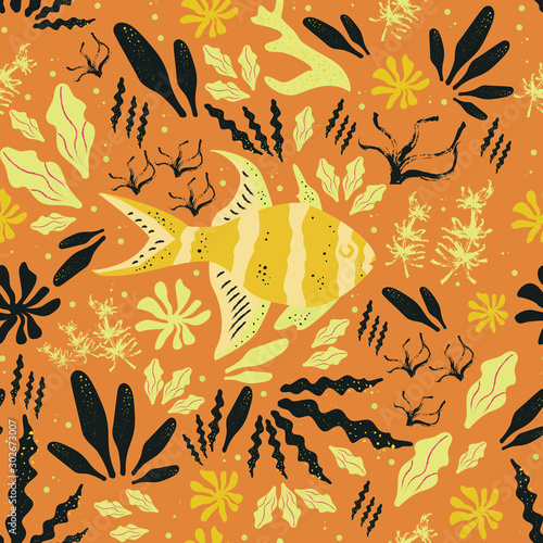 Wildlife seamless pattern with fishes and seaweeds on orange background. Colorful endless texture with hand drawn undersea world. Sea background. Aquarium. Vector illustration