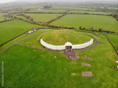 Aerial view of newgrange in the field