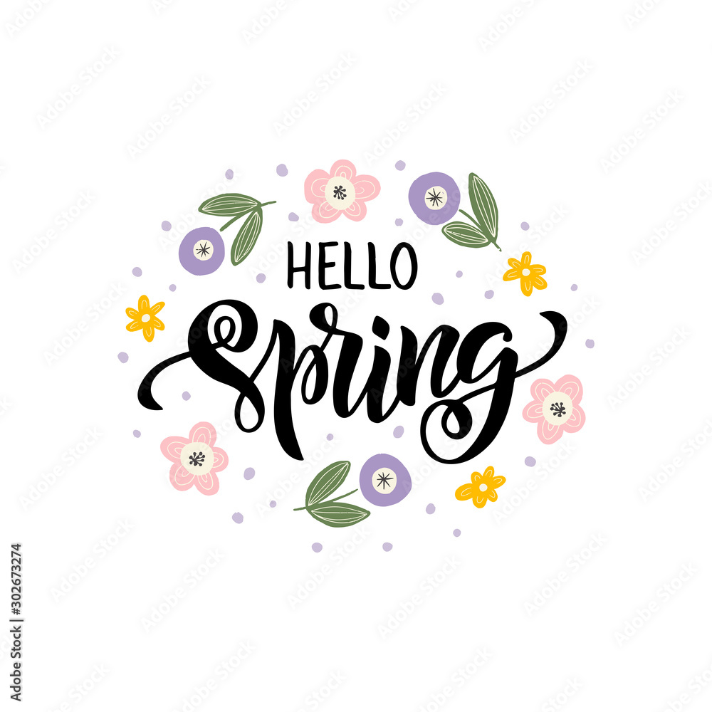 Hello Spring hand drawn brush lettering. Spring season advertising.