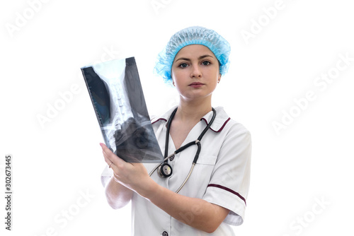 Doctor examining patient's x-ray isolated on white