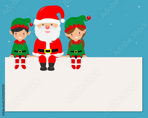 Elves and Santa Claus sitting in frame. Space for text