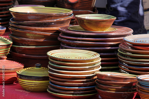 Colorful pottery plates. Ceramic plates
