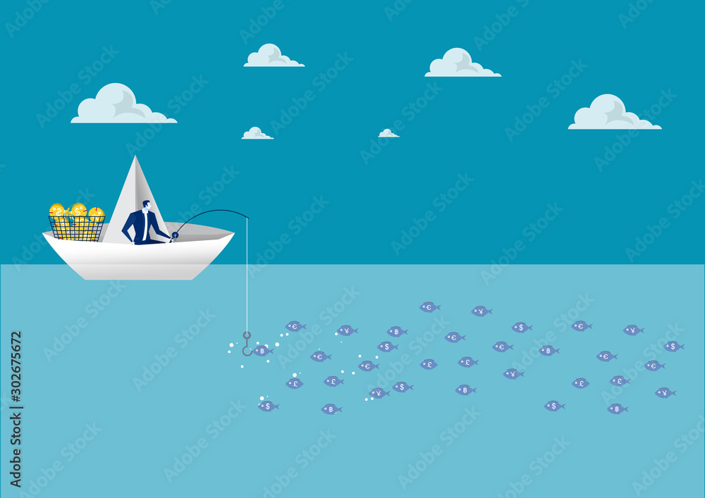 business man fishing on a paper boat on ocean background  illustrator