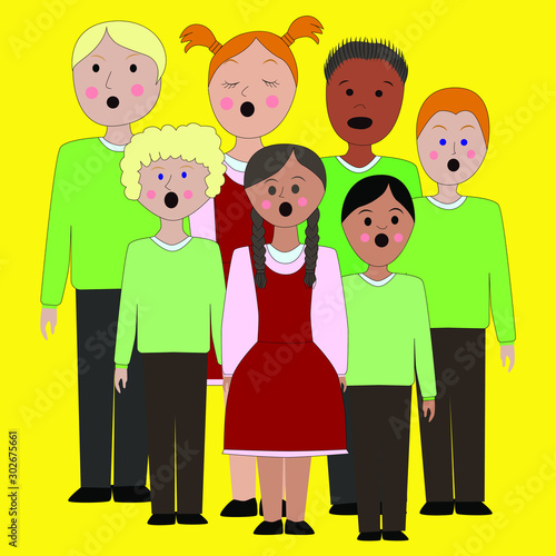Children's choir . Lesson of choral singing in children. Children sing all together.