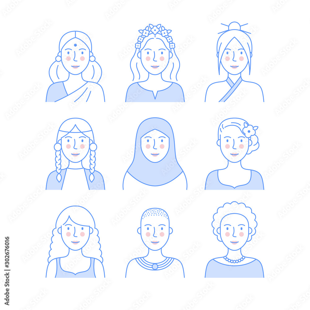 Female faces outline icons. Multiracial women characters vector. Set of various avatars for web projects. Asian, Indian, European, African. Editable stroke Female faces outline icons. Multiracial women characters vector. Set of various avatars for web projects. Asian, Indian, European, African. Editable stroke