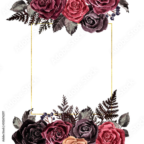 Watercolor dark roses floral border, vintage victorian gothic style. Burgundy...