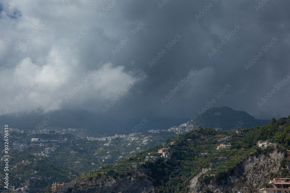 Amalfi coast Italy. Salerno region. Mediterranean. Mountains. Dark clouds
