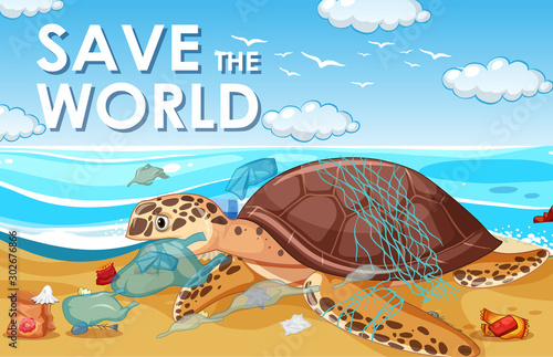 Pollution control scene with turtle and plastic on the beach photo