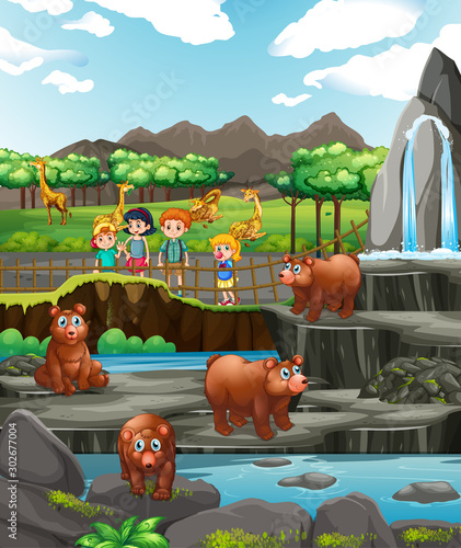 Scene with animals and children at the zoo