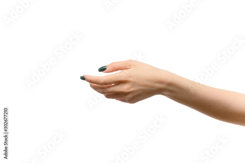 A photo of a hand from a girl with fingers on a white background shows. Beauty, glamor.