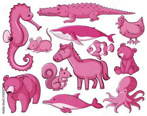 Isolated set of many animals in pink