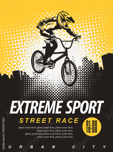 Vector banner or flyer with cyclist on the bike and words Extreme sport on the urban background. Poster for street race, bicycle club, extreme sports in modern style with place for text
