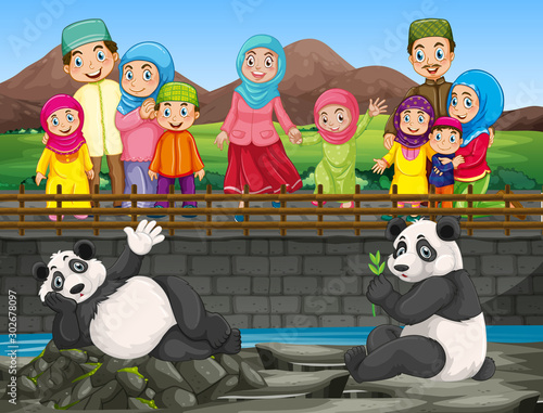 Scene with people looking at panda in the zoo