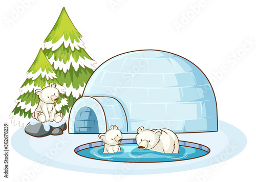 Polar bears and igloo in the snow