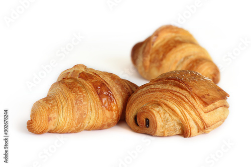 Viennoiserie traditional french pastry - pain au chocolat and croissants isolated on white background