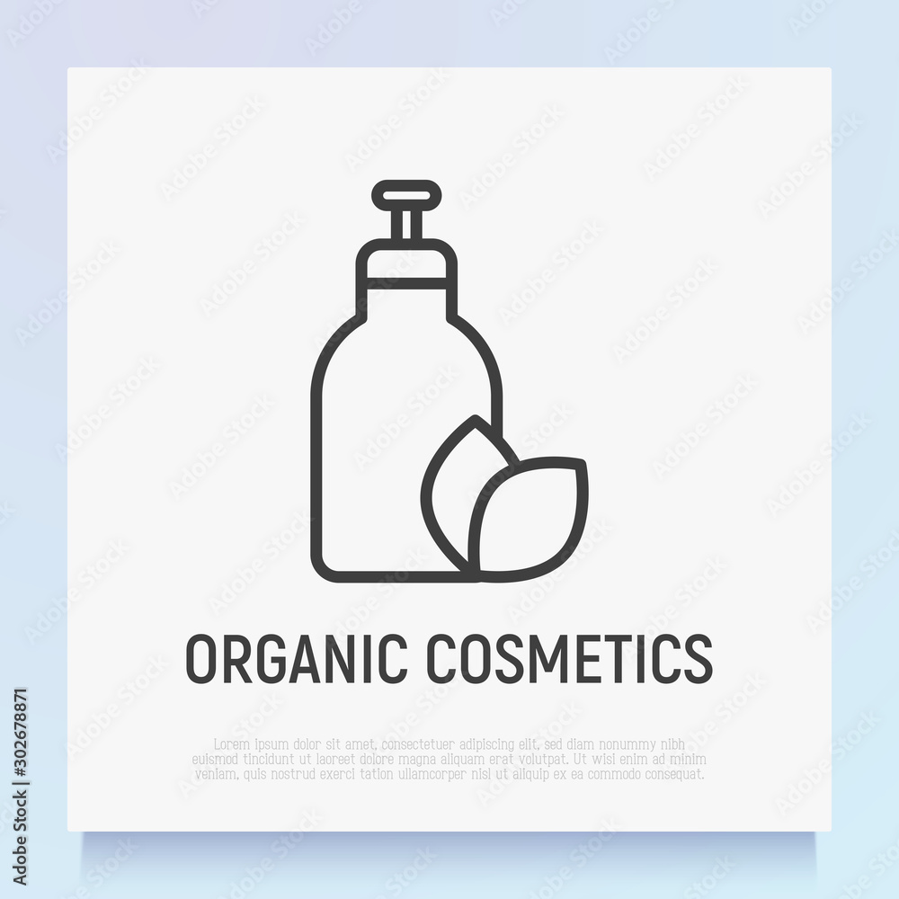Organic cosmetics thin line icon: glass bottle with dispenser and leaf sign. Modern vector illustration for beauty shop.