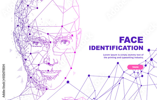 Face id technology. Trendy Innovations cyborg systems. Innovations systems identifications and development computers software industry. Poligon personal encryption protection.