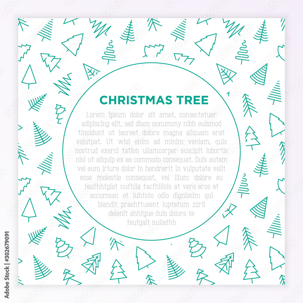 Concept with Christmas tree in different shapes. Minimalistic simple thin line icons. Vector illustration for greeting card, Christmas and New Year decoration.