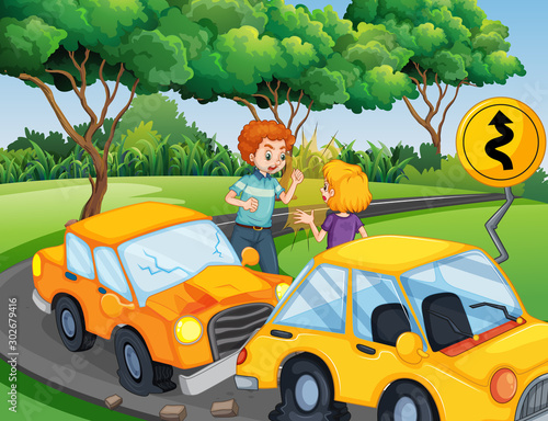 Accident scene with people and car crash