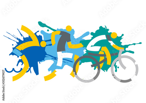  Three Triathlon Racers on splatters background. Expressive dynamic drawing Three triathlon athletes on the grunge background. Vector available.