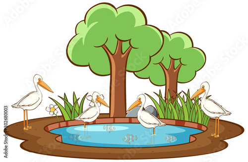 Pelican birds on white background
