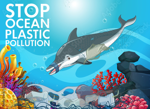 Poster design with dolphin and plastic bags in ocean