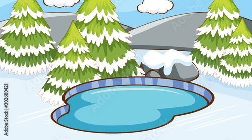 Scene with pine trees and pond in winter