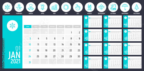 Modern calendar for 2021 year with thin line icons for each month. Vector illustration for monthly planning.