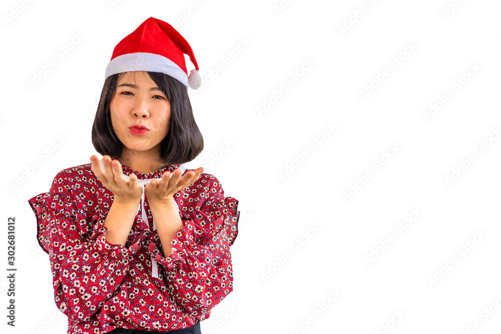 solate and clipping path image of Isolate and clipping path image of the beautiful Southeast Asian woman dressed in red shirt , black skirt and red hat on Christmas festival. solate and clipping path image of Isolate and clipping path image of the beautiful Southeast Asian woman dressed in red shirt , black skirt and red hat on Christmas festival.
