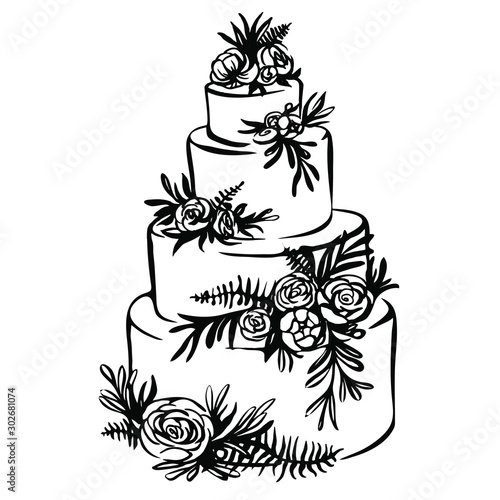 Hand drawn sketch of wedding cake with floral decoration isolated on a white. trending wedding cake