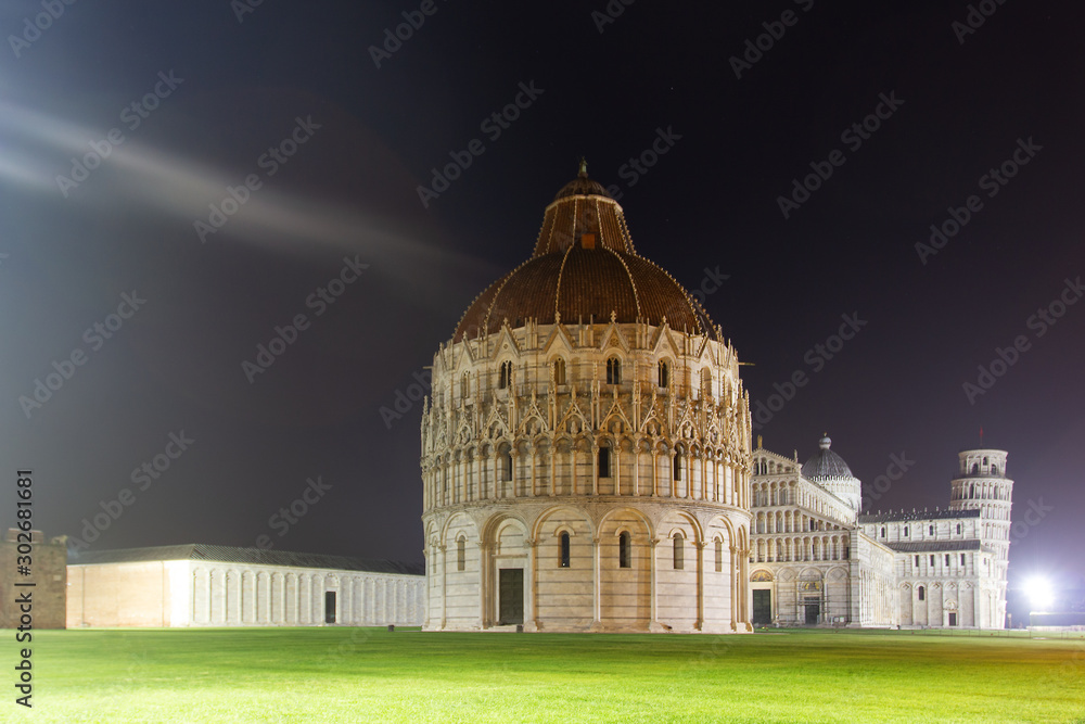 Pisa Cathedral, Baptistery, tower, night view