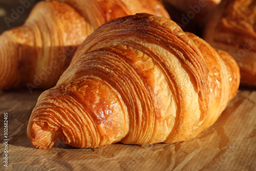 Freshly backed french croissant shiny in the rays of the morning sun  close up. Puff pastry texture macro.