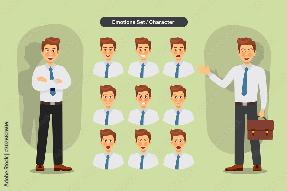 Set of business man facial different expressions. Man emoji character. Vector illustration. Set of business man facial different expressions. Man emoji character. Vector illustration.