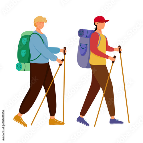 Budget tourism flat vector illustration. Hiking activity. Cheap travelling choice. Active vacation. Young people on a mountain trip. Walking tour isolated cartoon character on white background