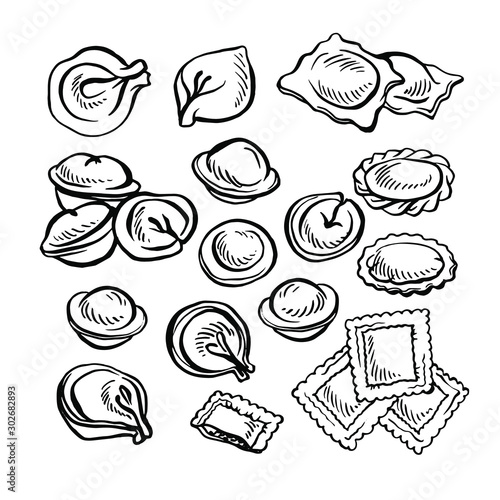Sketch hand drawn Pelmeni. Meat dumplings. Food. Cooking. National dishes. Products from the dough and meat.